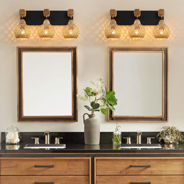 3-Light Bathroom Vanity Light Fixtures， Rustic Style Farmhouse Wood Bathroom Wall Sconce， Handmade Bamboo Woven Boho Wicker Basket Lamp Shade，Suitable for Bedroom, Hallway, and Living Room - Image 2