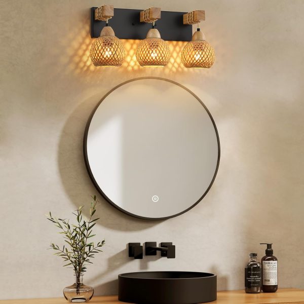 3-Light Bathroom Vanity Light Fixtures， Rustic Style Farmhouse Wood Bathroom Wall Sconce， Handmade Bamboo Woven Boho Wicker Basket Lamp Shade，Suitable for Bedroom, Hallway, and Living Room - Image 3