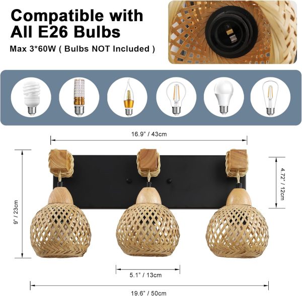 3-Light Bathroom Vanity Light Fixtures， Rustic Style Farmhouse Wood Bathroom Wall Sconce， Handmade Bamboo Woven Boho Wicker Basket Lamp Shade，Suitable for Bedroom, Hallway, and Living Room - Image 4