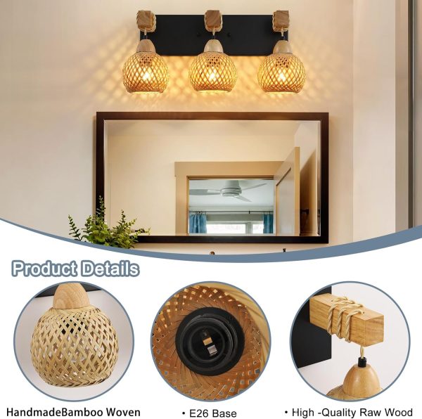 3-Light Bathroom Vanity Light Fixtures， Rustic Style Farmhouse Wood Bathroom Wall Sconce， Handmade Bamboo Woven Boho Wicker Basket Lamp Shade，Suitable for Bedroom, Hallway, and Living Room - Image 5