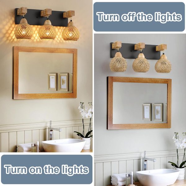 3-Light Bathroom Vanity Light Fixtures， Rustic Style Farmhouse Wood Bathroom Wall Sconce， Handmade Bamboo Woven Boho Wicker Basket Lamp Shade，Suitable for Bedroom, Hallway, and Living Room - Image 7