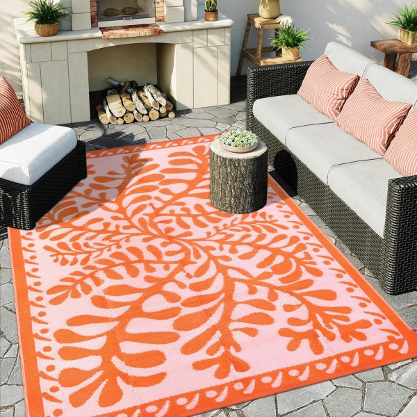 Anidaroel 8x10 Outdoor Rug for Patios Clearance, Waterproof Camping Rug for Outside RV, Reversible Plastic Straw Outside Rugs, Large Outdoor Area Rug for Garden, Camper, Pool Deck(Orange,8’x10’) - Image 2