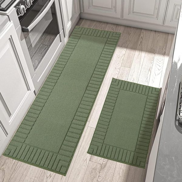 BEQHAUSE-Kitchen-Rugs-Non-Slip-Kitchen-Mats-for-Floor Machine Washable Kitchen Rugs 2 Pieces Kitchen Carpet Runner with TPR Backing,Green,24x35inch/24x60inch