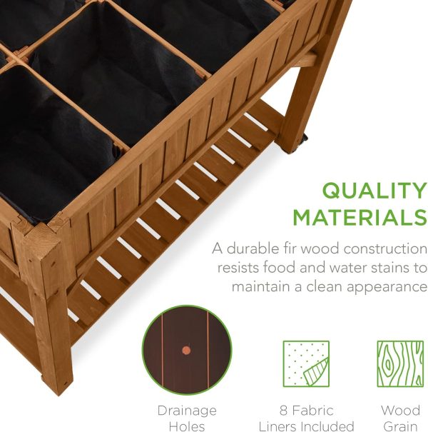 Best Choice Products Elevated 8 Pocket Herb Garden Bed, Mobile Raised Customizable Wood Planter for Herbs, Vegetables, Flowers w/Lockable Wheels, Storage Shelf, Drainage Holes - Acorn Brown - Image 6