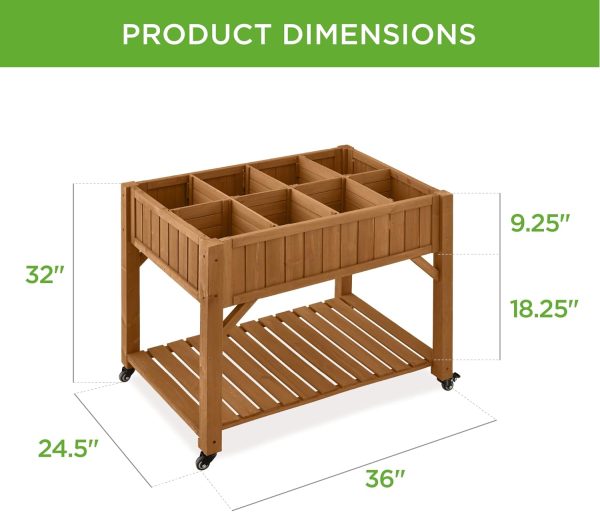 Best Choice Products Elevated 8 Pocket Herb Garden Bed, Mobile Raised Customizable Wood Planter for Herbs, Vegetables, Flowers w/Lockable Wheels, Storage Shelf, Drainage Holes - Acorn Brown - Image 7