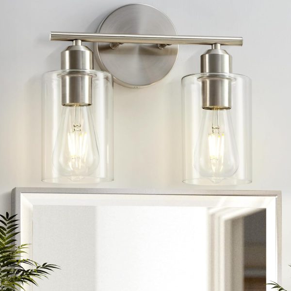 Brushed Nickel Bathroom Light Fixture SEABLE 2-Light Bathroom Vanity Light with Clear Glass Shade Silver Brushed Nickel Vanity Lights for Bathroom E26 Base UL Listed