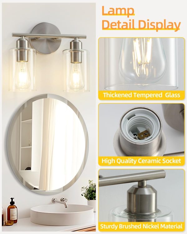 Brushed Nickel Bathroom Light Fixture SEABLE 2-Light Bathroom Vanity Light with Clear Glass Shade Silver Brushed Nickel Vanity Lights for Bathroom E26 Base UL Listed - Image 2