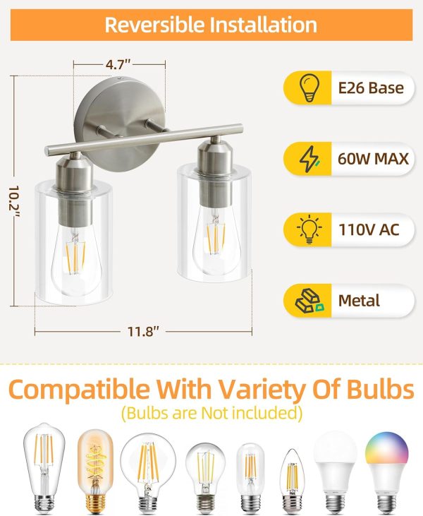 Brushed Nickel Bathroom Light Fixture SEABLE 2-Light Bathroom Vanity Light with Clear Glass Shade Silver Brushed Nickel Vanity Lights for Bathroom E26 Base UL Listed - Image 4