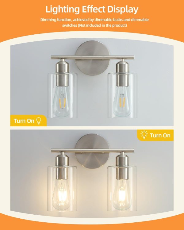 Brushed Nickel Bathroom Light Fixture SEABLE 2-Light Bathroom Vanity Light with Clear Glass Shade Silver Brushed Nickel Vanity Lights for Bathroom E26 Base UL Listed - Image 5