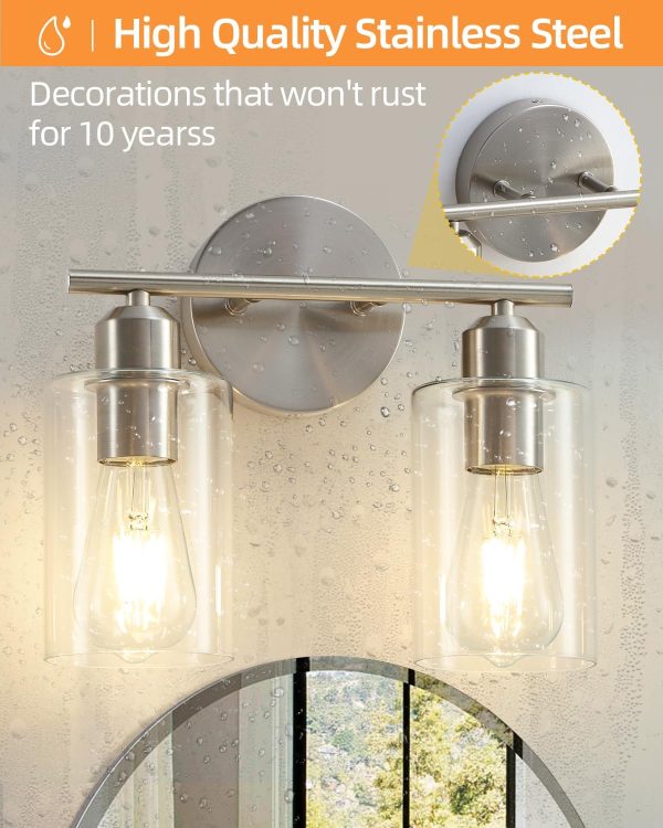 Brushed Nickel Bathroom Light Fixture SEABLE 2-Light Bathroom Vanity Light with Clear Glass Shade Silver Brushed Nickel Vanity Lights for Bathroom E26 Base UL Listed - Image 6