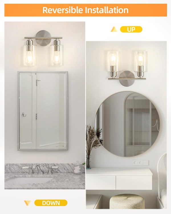 Brushed Nickel Bathroom Light Fixture SEABLE 2-Light Bathroom Vanity Light with Clear Glass Shade Silver Brushed Nickel Vanity Lights for Bathroom E26 Base UL Listed - Image 7