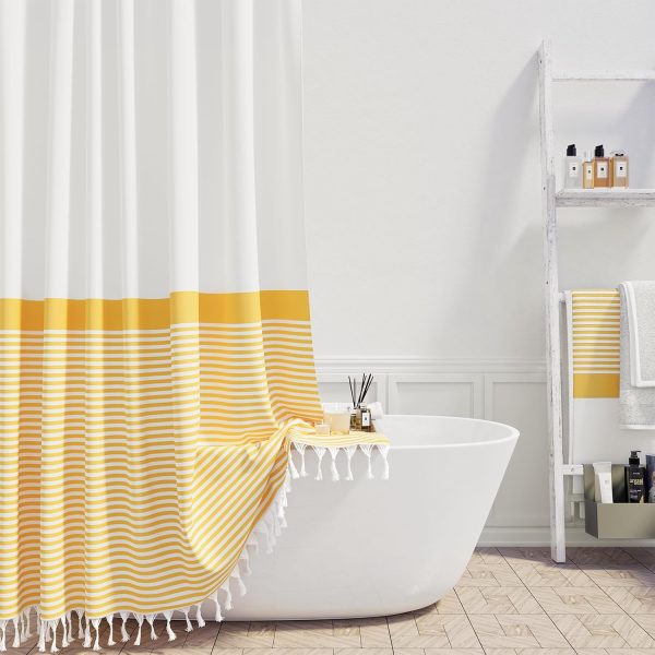 Yellow Fabric Shower Curtain, Farmhouse Boho Striped Tassel Shower Curtain for Bathroom, Bohemian Textured Cloth Shower Curtain Set with Hook, Water Repellent, Wrinkle Free, 72x72