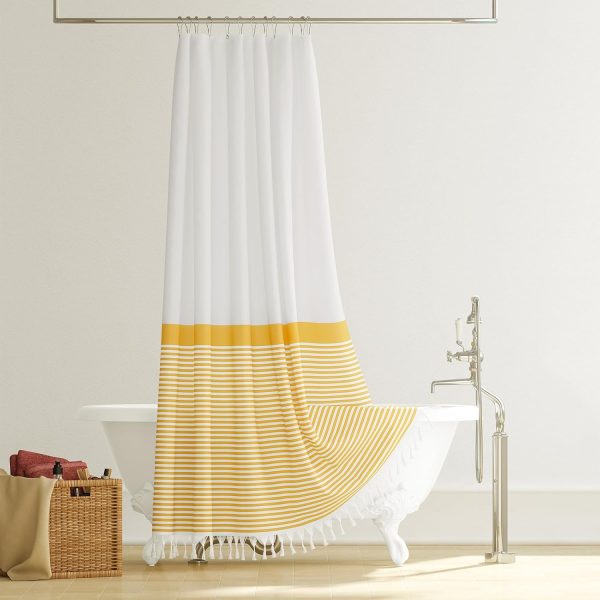 Yellow Fabric Shower Curtain, Farmhouse Boho Striped Tassel Shower Curtain for Bathroom, Bohemian Textured Cloth Shower Curtain Set with Hook, Water Repellent, Wrinkle Free, 72x72 - Image 6