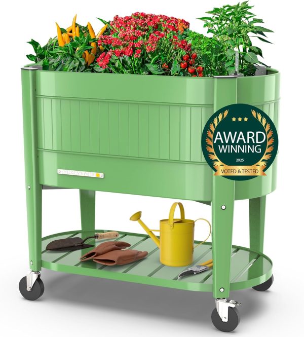 Permasteel Raised Garden Bed with Legs, 40×20×37 in, Olive Planter Box with EnGrow™ TrueSoil™ Technology for Vegetables, Flowers, Herbs, and Fruit, Outdoor Indoor, Storage Shelf