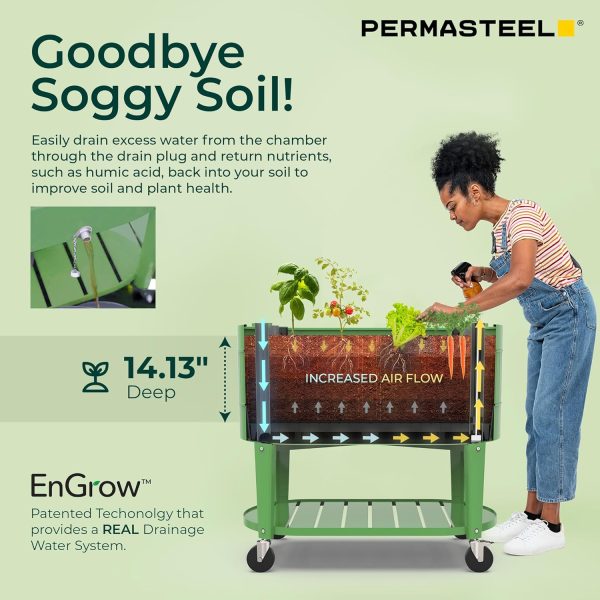 Permasteel Raised Garden Bed with Legs, 40×20×37 in, Olive Planter Box with EnGrow™ TrueSoil™ Technology for Vegetables, Flowers, Herbs, and Fruit, Outdoor Indoor, Storage Shelf - Image 4