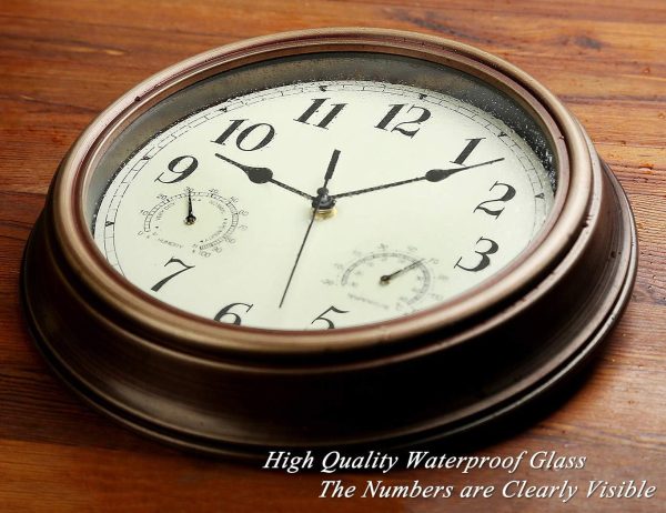 Rsobl 12 Inch Indoor Outdoor Wall Clock Waterproof with Temperature and Humidity Combo,Battery Operated Non Ticking Silent Clock Wall Decorative - Image 4